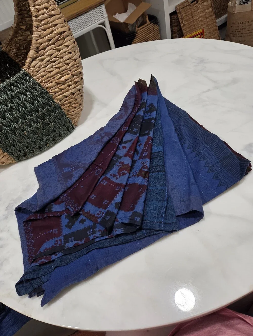 Handsewn Overdyed Artisan Napkin Set - Blue & Burgundy Patterned, 6 Count
